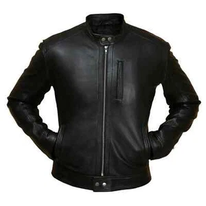 Biker Hunt Black Cafe Racer Black Leather Bomber Jacket Vintage Style Sheepskin - Picture 1 of 4