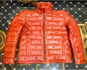 Men's Lambskin Leather Puffer Jacket Quilted Style Padded Jacket - Tan Wax Color - Picture 1 of 5