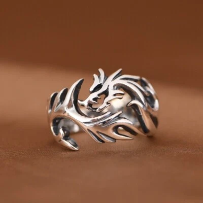 Solid 925 Sterling Silver Stamped Mens Unique Fire Dragon Ring Size Adjustable - Image 1 of 4