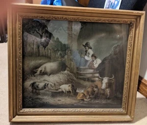 Benjamin Zobel original PINTURA DE ARENA ARTE POPULAR animales de granja vaca cerdos personas - Imagen 1 de 11