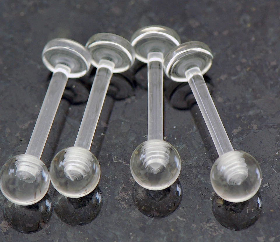 4 Pc Clear Acrylic 14g 1/2" SHORT LENGTH 4mm Ball Tongue Rings Retainer No Metal - Image 1 of 3
