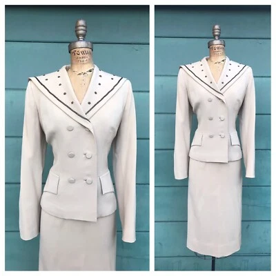 1950’s Vintage 50s BEADED GABARDINE Beige Tan Double Breasted Skirt Dress Suit S - Image 1 of 4