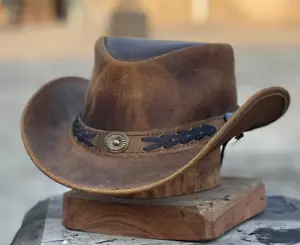 Para Hombre Cuero Real Australiano Occidental Vaquero Estilo Bronceado Caballo Loco Bush Sombrero - Imagen 1 de 12