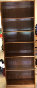 Vintage Teak Veneer Bookcase, 5 Adjust. Shelves, approx 30"W x 11 1/2"D x 83"H - Picture 1 of 12