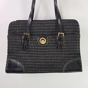 America Leather Cotton Weave Handbag Womens 25x35cm Black Gold Designer Pocket - Picture 1 of 14