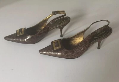 Prada Real Crocodile Skin Brown Slingback Kitten Heel Pumps 8.5 38.5 Italy NEW - Image 1 of 4
