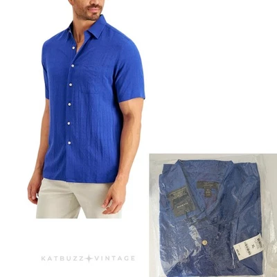 Club Room Luxury Silk Short Sleeve Button Shirt Xl Blue Hawaiian Wicker Camp - Image 1 of 4