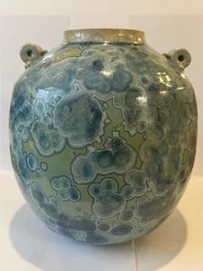Studio Pottery Lily Pad Crystalline Vase Jardineer 8” Blue Sage Green Signed - Picture 1 of 8