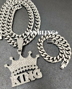 🔥3pc COMBO XL KING Pendant, Miami Cuban Choker Necklace & Bracelet, Plated CZ - Picture 1 of 11