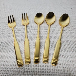 Vintage Dessert Gold Plated 3 Spoons 2 Folks 5" - Picture 1 of 4
