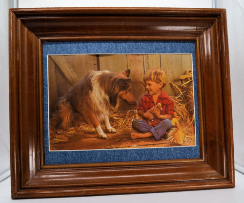 Timmy und Lassie mit Enten seltene 3D-Druckkunst gerahmt 13"" x 8-1/2"" Bild BW