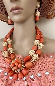 Coral Necklace Earrings And Bracelet Set, African Coral, Nigerian Coral, Coral - Picture 1 of 4