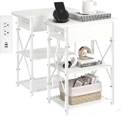 Narrow End Table with Charging Station, Side Tables Set of 2 for Small Spaces, F - Image 1 of 4