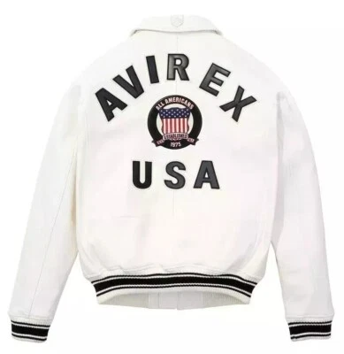 Men’s Avirex USA American Bomber Flight Genuine Cowhide White Leather Jacket - Image 1 of 4