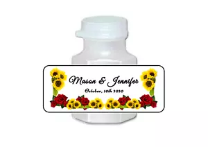 30 Hochzeit Gastgeschenk Mini Blase Etiketten Aufkleber personalisiert Rosen und Sonnenblumen - Bild 1 von 3
