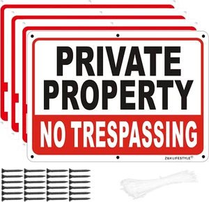 4-Pack Metal No Trespassing Signs Private Property 10 X 7 Inch Rust Free 0.04 Al - Picture 1 of 12