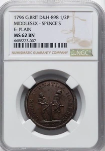 Great Britain - 1796 Middlesex - Spence's 1/2 Penny Token - NGC MS62 BN - SUPERB - Picture 1 of 2