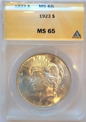1923-P ANACS MS-65 Satiny, Brilliant Gem, Cartwheel Luster Peace Dollar. #217 - Image 1 of 4