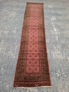 S1739 Vintage Handmade Afghan Tribal Turkmeni Mori Gul Runner Hallway Rug 340x80 - Picture 1 of 9