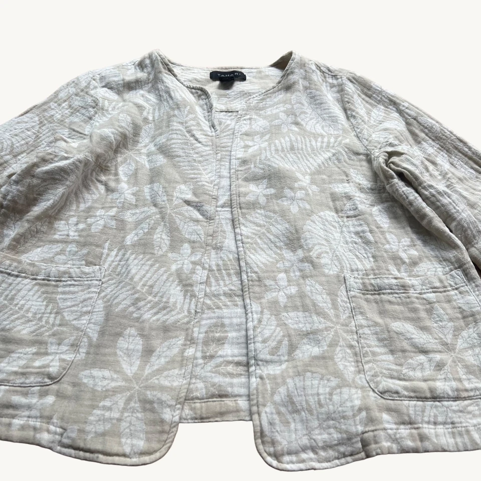 Jaqueta TAHARI tamanho XL bege branca tropical floral linho mistura de algodão frente aberta - Imagem 1 de 4