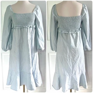 7 For All Mankind Leinen Baumwolle gesmoktes Rüschen Midikleid Damen M Cottagecore - Bild 1 von 5