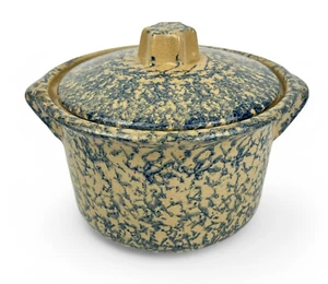 Robinson Ransbottom Blue Spongeware Stoneware Dutch Oven Crock Bowl w/Lid 2Qt - Picture 1 of 10