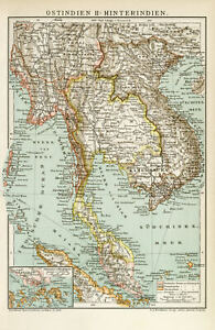 Hinterindien Siam Kambodscha Vietnam Burma Singapur Karte Lithographie ca. 1892