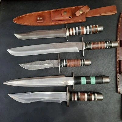 LOT OF 5 CUSTOM HANDMADE DAMASCUS HUNTING BOWIE KNIVES WITH LEATHER SHEATH - Image 1 of 4