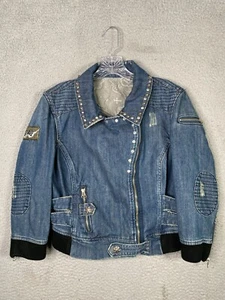 Double D Ranch Denim Jacket Women Medium Blue Embellished Zip Moto Biker Western - Picture 1 of 14