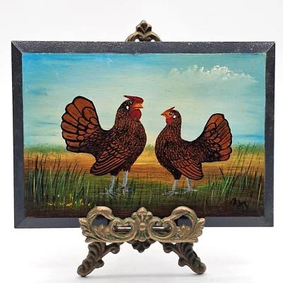 Hand-Painted Red Rooster & Chicken Farmhouse Wall Art - 5x7 Wood Artist Signed - Image 1 of 4
