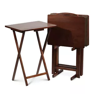 PJ Wood Folding TV Tray Tables w/ Compact Storage Rack, Honey Oak,5pc(For Parts) - Picture 1 of 7