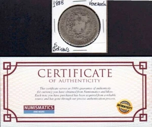 VENEZUELA 5 Bolivars 1888 silver coin 25 Grs - Qty 1 CIRCULATED COA - Picture 1 of 2