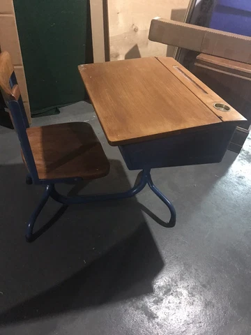 Vintage Child's School Desk and attached swivel seat, maple top, steel frame Cover
