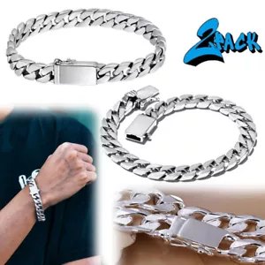 2X Silver Bracelet for Men Jewelry Heavy Thick Cuban Link Chain Bangle Best Gift - Picture 1 of 11