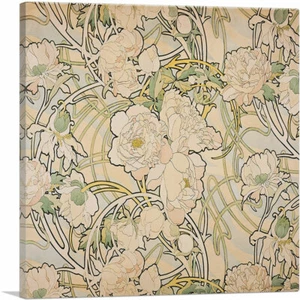 ARTCANVAS Peonies 1897 Canvas Art Print by Alphonse Mucha - Picture 1 of 11