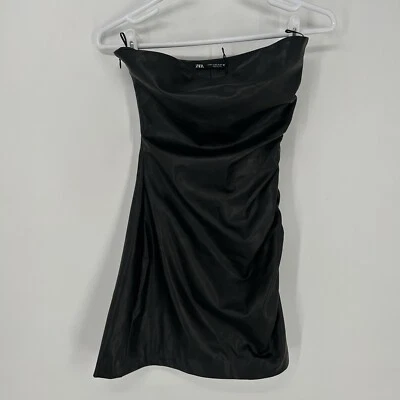 Vestido Zara Mujer Extra Pequeño Negro Imitación Cuero Sin Tirantes Drapeado Acanalado Foto 1 de 4