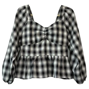 Pleione Women's Black & White Plaid Long Sleeve Peplum Top Sz M - Picture 1 of 7