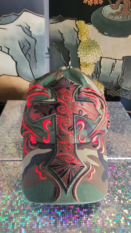 M&F Western Products Sulphur Springs TX  Camo Red Cross Fitted Flex Cap Hat - Image 1 of 4