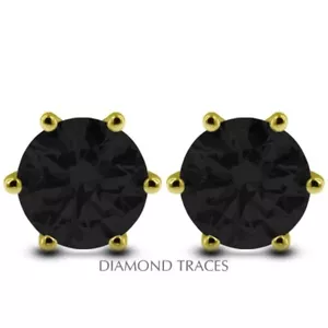 3.12ct Black VG Round Genuine Diamonds 14k Gold 6-Prong Classic Mens Studs 7.3mm - Picture 1 of 6