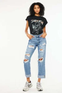 Kancan Mid Rise Distressed Boyfriend Fit Jeans - Picture 1 of 16