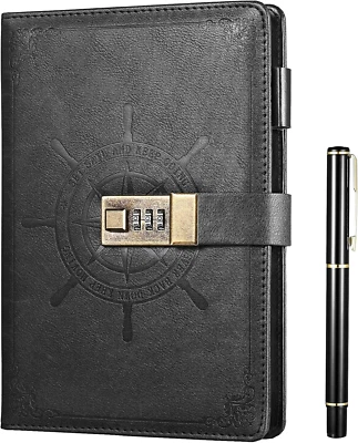 Black Journal with Lock, Refillable Faux Leather Lock Diary Notebook Planner - Image 1 of 4