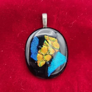 Hand Crafted Dichroic Fused Glass Pendant Black Blue Gold Honeycomb 2" - Picture 1 of 5