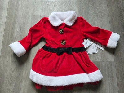考拉宝宝红色圣诞连衣裙带人造毛皮装饰黑色蝴蝶结腰带尺寸 6/9M 全新带标签 — 第 1/4 张图片