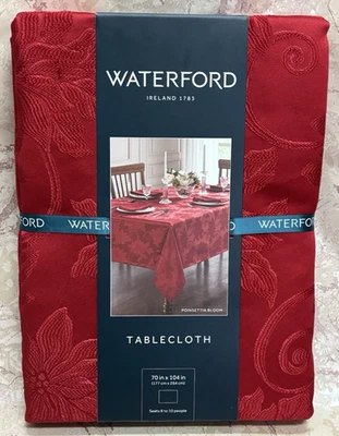 NEW! WATERFORD POINSETTIA BLOOM RED JACQUARD CHRISTMAS TABLECLOTH 70 x 104 - Image 1 of 4