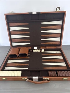 Vintage Backgammon Set Cream & Brown Tan Faux Leather Case No Manual Cups & Dice - Picture 1 of 14
