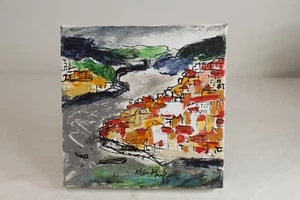 Original Modern Abstract Painting Cityscape Houses Water Canvas Signed - Picture 1 of 10