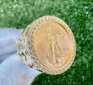 1Ct Round Cut Lab Created Lady Liberty Coin Ring in 14k Yellow Gold Plated - Picture 1 of 11