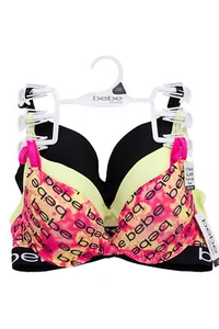 3 PK Pink Black Yellow bebe Sexy Push Up Wire Plunge Bra Padded bebe logo 912 - Picture 1 of 1
