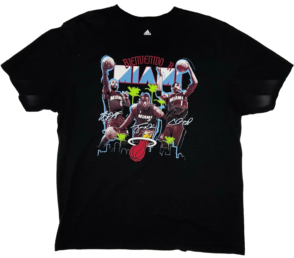 Adidas Miami Heat LeBron James Dwyane Wade Chris Bosh Big 3 Black Shirt; 2XL - Image 1 of 4