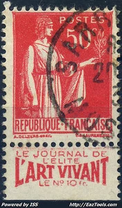 FRANCE TYPE PAIX N° 283 PUB L'ART VIVANT AVEC OBLITERATION  - Picture 1 of 1